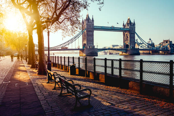 un boulevard à côté de la tamise - london england sunlight morning tower bridge photos et images de collection