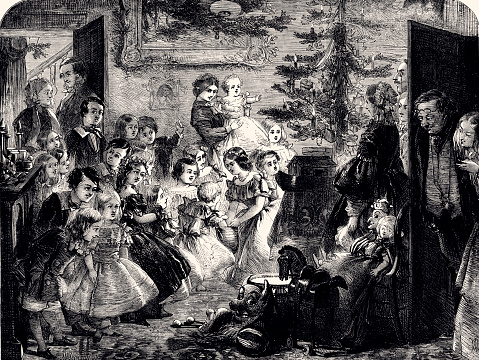 The Christmas Tree by J.A. Pasquier ( From illustrated London News in 1858 ) . Vintage engraving circa late 19th century. Digital restoration by Pictore.