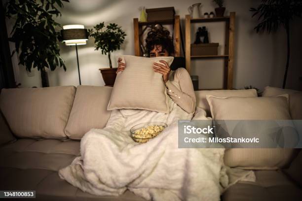 Watching A Scary Movie At Night Stock Photo - Download Image Now - Horror, Movie, Horror Movie