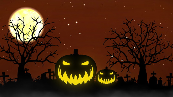 Halloween background animation with the concept of Pumpkins and Spooky Trees. 3d rendering.