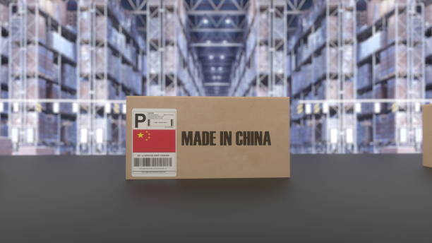 istock Boxes with MADE IN CHINA text on conveyor. Chinese goods related. 3d rendering 1348102971