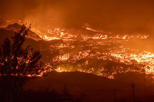 Lava flow destroying a Industrial District, La Palma volcanic Eruption. Tajuya.