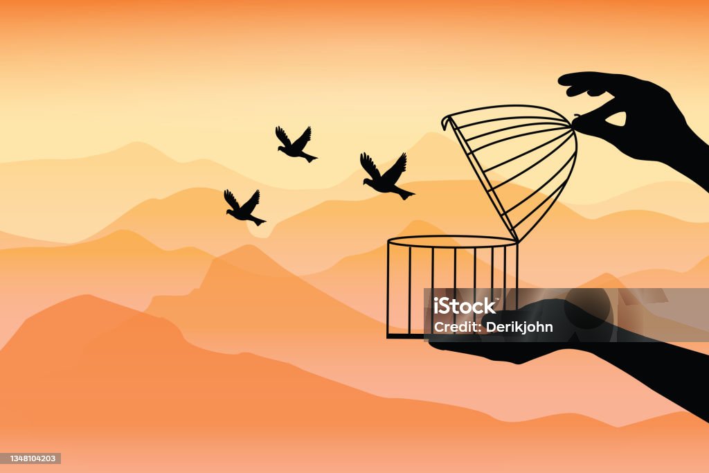 Dream Birds Flying Away, the birds flying out of a bird an open cage, the birds released from a cage, freedom concept. birds set free vector illustration. - 免版稅鳥籠圖庫向量圖形