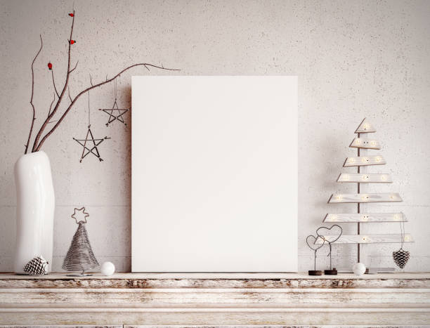 istock Interior with Christmas decoration and empty white mock up picture frame 1348104426