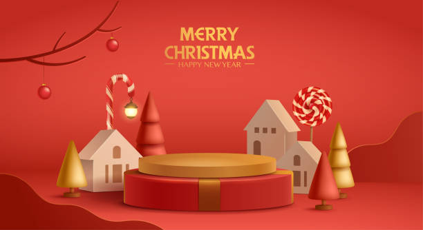ilustracja 3d przedstawiająca świąteczny czerwony i złoty motyw tła wyświetlania produktów z świąteczną dekoracją i podium. - christmas theme stock illustrations