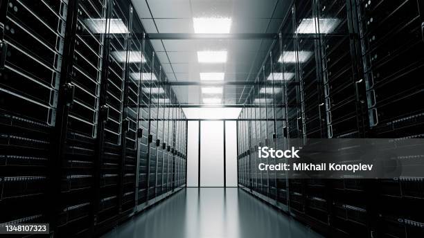 Modern Interior Server Room Data Center Connection And Cyber Network In Dark Servers Backup Mining Hosting Mainframe Farm Cloud And Computer Rack With Storage Information 3d Rendering Stock Photo - Download Image Now
