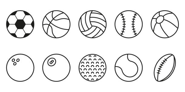 스포츠 게임 공 아이콘의 집합. 농구, 야구, 테니스, 럭비, 축구, 배구, 골프, 수영장, 볼링 픽토그램을위한 공의 컬렉션. 풍선 공, 소프트볼 기호. 벡터 일러스트레이션 - tennis tennis ball sphere ball stock illustrations