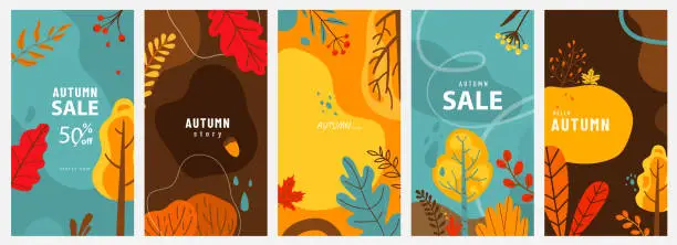 Vector illustration of Abstract autumn backgrounds vector set. Fall banners with leaves, trees, plant twigs, berries for ad, social media design in simple trendy flat style