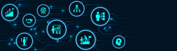 istock Leadership vector illustration. Banner with icons related to corporate company management 1348111049