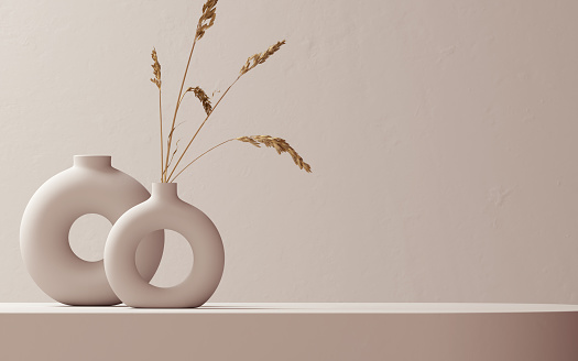 Decoración interior minimalista con jarrón de cerámica y planta seca, mínimo boho neutro 3D renderizado fondo estético photo
