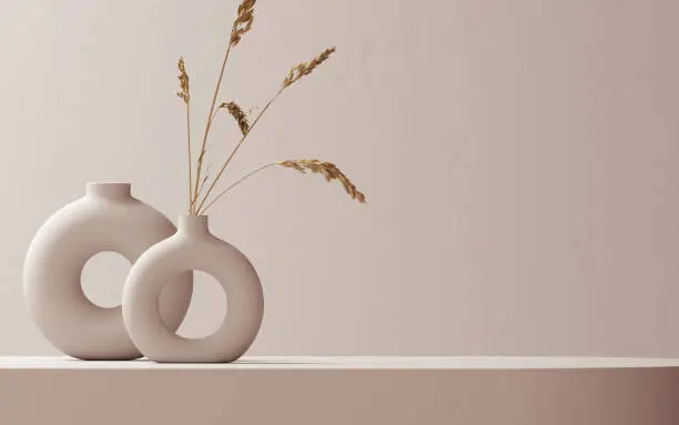 Photo of Minimalist interior decor with ceramic vase and dry plant, minimal boho neutral 3d rendering aesthetic background