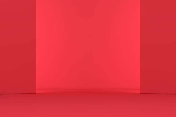 Abstract interior design of modern showroom with empty concrete floor and red wall background - Hall or stage 3d illustration