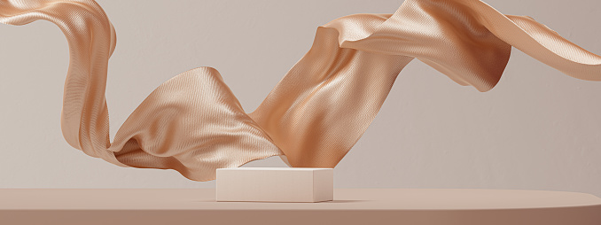 Fondo de lujo para la marca y la presentación del producto. Podio de color beige sobre tela dorada volando ola. Ilustración de renderizado 3D. photo