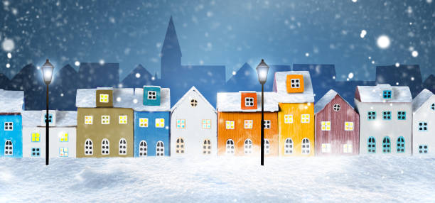 winter schnee urbanes stadtbild. weihnachtsnacht in der stadt, - apartment row house comfortable house stock-fotos und bilder
