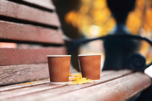 Two paper cups of coffee on wooden bench in autumn park on sunny day. Coffee time
