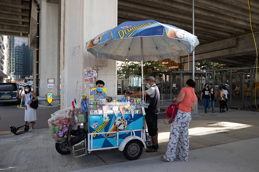 Hong Kong - October 16, 2021 : Ice cream and drinks vendor in East Coast Park Precinct, Fortress Hill, Hong Kong.