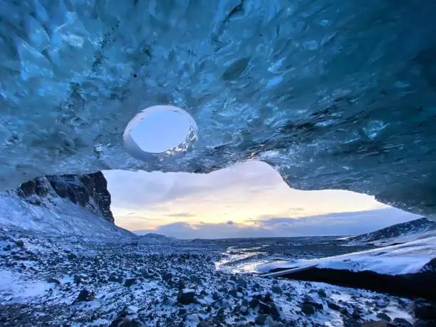 Crystal ice cave, Iceland view outside
