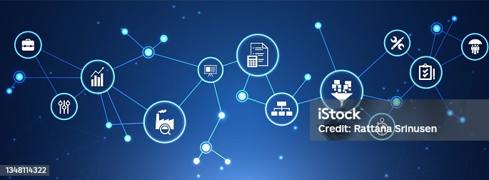 istock Operations management vector illustration. Blue concept related to organization, project planning and strategy, material flow, input and output 1348114322