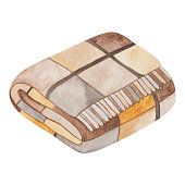 istock Watercolor illustration hand painted brown, beige, yellow checked plaid blanket with tassels 1348115952