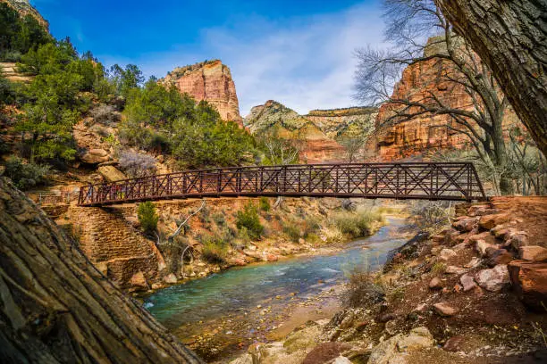 Wooden bridge and scenery in Zion National Park during winter in Utah, USA