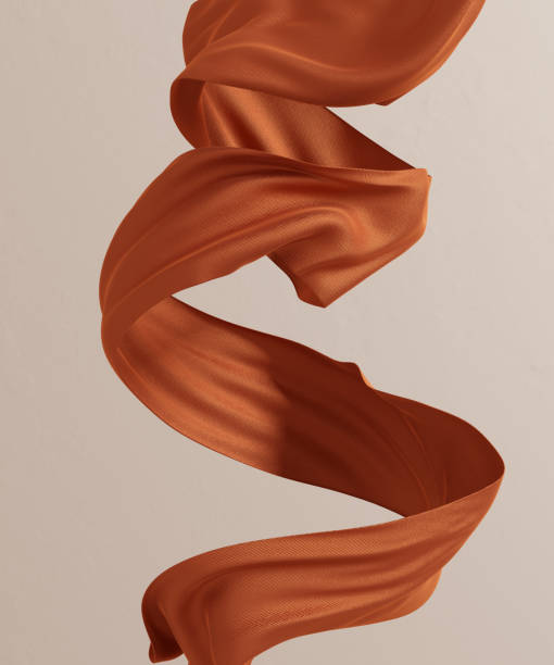 istock Flying fabric design element in empty room, floating piece of cloth cinnamon color. 3d rendering sienna smooth spiral flowing scarf fashion banner 1348118109
