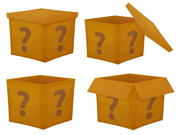 istock Mystery contest cardboard box set. Various of mystery box gift question icon. 1348118392