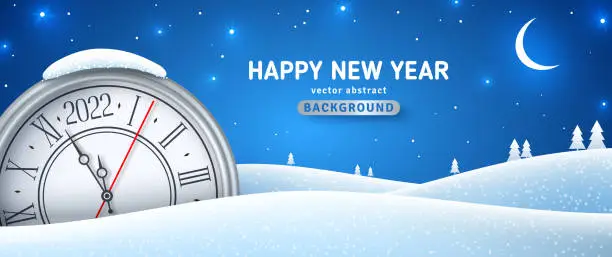 Vector illustration of Winter landscape with clock in snow