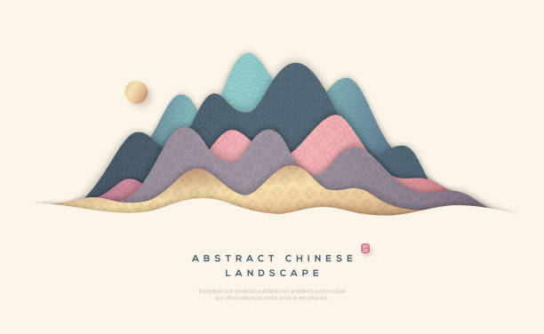 Guilin Mountains abstract landscape Guilin Mountains abstract landscape in chinese style with asian patterns. Vector illustration. Japanese background paper cut at sunset. Place for text. China ornament for Happy New Year 2022 guilin hills stock illustrations