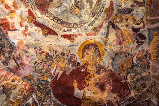 Istanbul,Turkey-October 15,2021:Ancient religious paintings at the interior walls of famous Sumela Monastery in Trabzon Turkey.