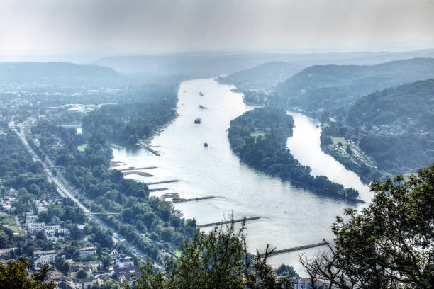 Misty view on river Rhine and Bad Honnef, seen from Drachenfels.