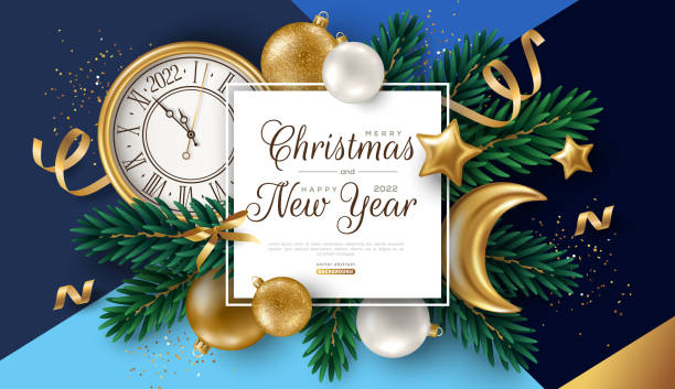Christmas night poster frame gold Christmas background with gold baubles, fir tree branches, moon and clock face. Vector illustration. Square frame, place for text. Winter holiday template design for poster, flyer, brochure, voucher clock borders stock illustrations