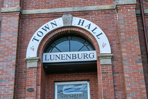 Lunenburg, Nova Scotia, Canada - 12 August 2021: Facade of Lunenburg Town Hall
