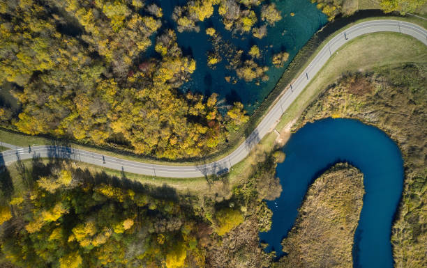 istock Aerial view of road in forest. 1348121652