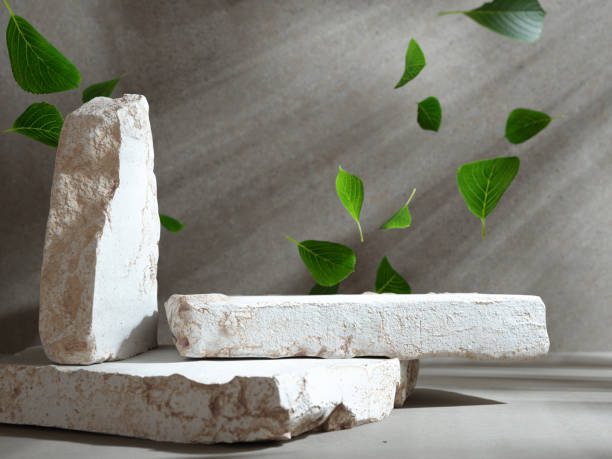 istock White stone slabs and green falling leaves with sun rays and shadows, abstract podium for product presentation, 3d rendering 1348122493