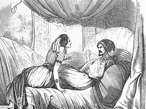 ilustrações de stock, clip art, desenhos animados e ícones de sultan and one of his wifes on a sofa, talking - arabian nights