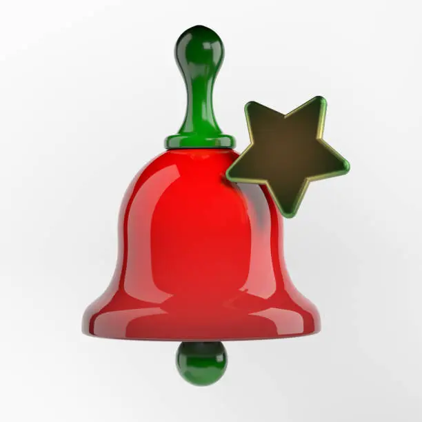 Red and green-colored Christmas bell and gold-colored star shape. On white-colored background. Horizontal composition with copy space. Isolated with clipping path.