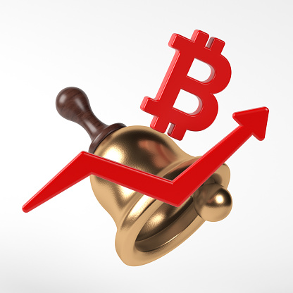 The red-colored Bitcoin symbol finance arrow and stock market bell icon. On white-colored background. Square composition with copy space. Isolated with clipping path.