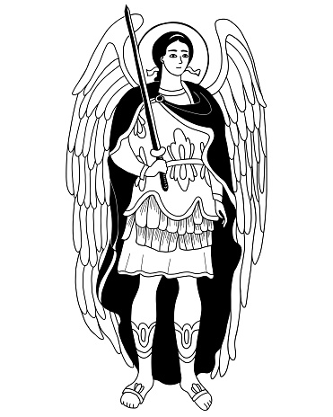 Archangel Michael in armor with sword. Vector illustration. Outline decorative hand drawing. Religious concept for Catholic and Orthodox