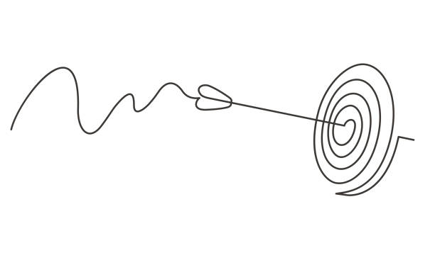 arrow target one line Continuous line drawing of arrow in center of target. Template for your design works. Vector illustration. single object stock illustrations