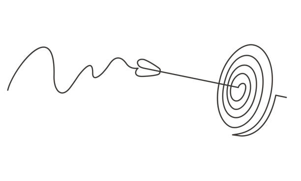 arrow target one line Continuous line drawing of arrow in center of target. Template for your design works. Vector illustration. goal sports equipment stock illustrations