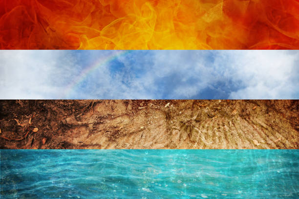 Four Elements of Nature, collage of abstract backgrounds each one in panoramic format from Fire, Air, Earth, and Water, ecology concept stock photo