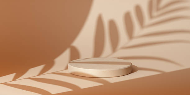 istock Cylindrical pedestal podium with palm leaf shadow pastel beige background. Tropical leaf shadow product promotion Beauty cosmetics. Minimal product showcase 3D rendering 1348128895