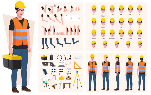 Construction Worker, Engineer Character Creation Pack, with Tools, Equipements, gestures and Face Expressions. Construction Worker, Engineer Character Creation Pack, with Tools, Equipements, gestures and Face Expressions. electrician stock illustrations
