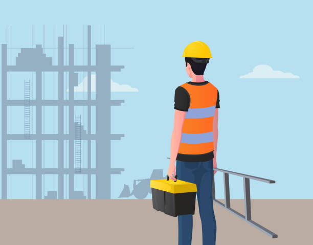 ilustrações, clipart, desenhos animados e ícones de trabalhador da construção civil no local de trabalho com ferramenta caixa e escada premium vector - construction worker architect construction manual worker