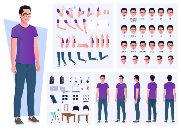 ilustraciones, imágenes clip art, dibujos animados e iconos de stock de conjunto de creación de personajes de hombre casual con gestos con las manos y accesorios vector premium - personaje