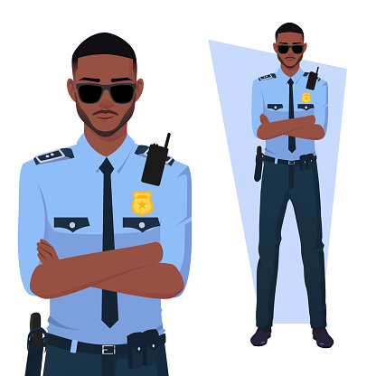 Black Policeman With Arms Folded, Wearing Uniform and Sunglasses Premium Vector
