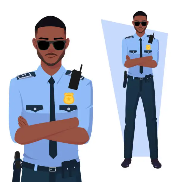 Vector illustration of Black Policeman With Arms Folded, Wearing Uniform and Sunglasses Premium Vector