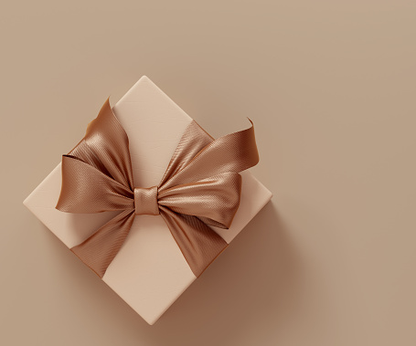 Give gift, holidays are coming concept. Christmas minimal composition. Beige gift box with golden ribbon bow top view, flat lay 3d rendering