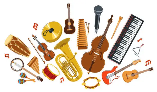 Vector illustration of Music orchestra diverse instruments vector flat illustration isolated on white background, live sound concert or festival, musical band or orchestra playing and singing songs.