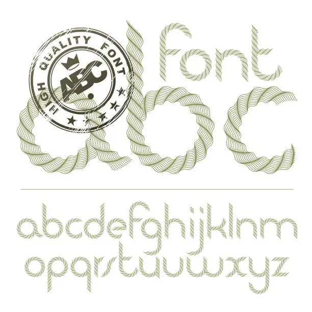 Vector illustration of Set of vector rounded lower case alphabet letters isolated created using guilloche ornate, decorate waves. Can be used for certificate design.